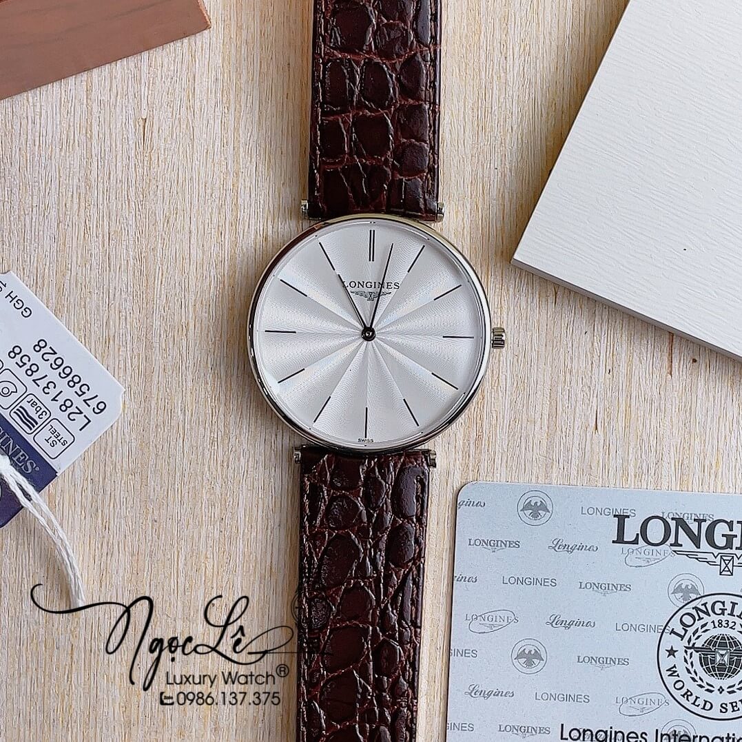 Đồng Hồ Longines Nam Quartz Dây Da Nâu Mặt Trắng Vỏ Bạc Máy Thụy Sĩ Size 40mm