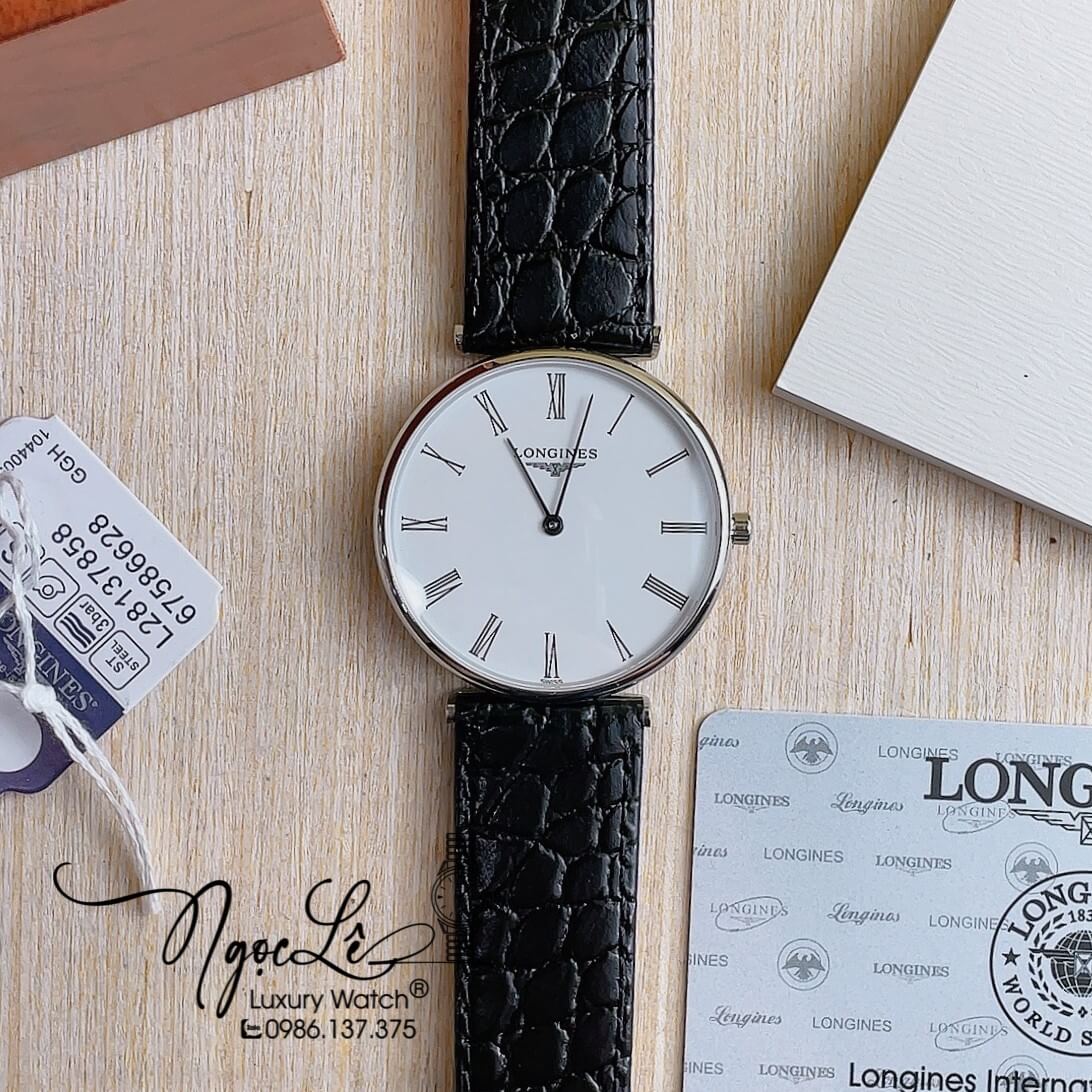 Đồng Hồ Longines Nam Quartz Dây Da Đen Mặt Trắng Vỏ Bạc Máy Thụy Sĩ Size 40mm