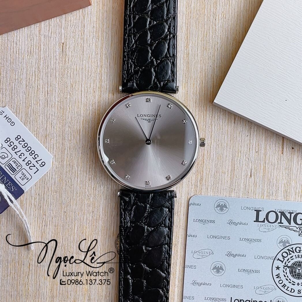 Đồng Hồ Longines Nam Quartz Dây Da Đen Mặt Xám Vỏ Bạc Máy Thụy Sĩ Size 40mm