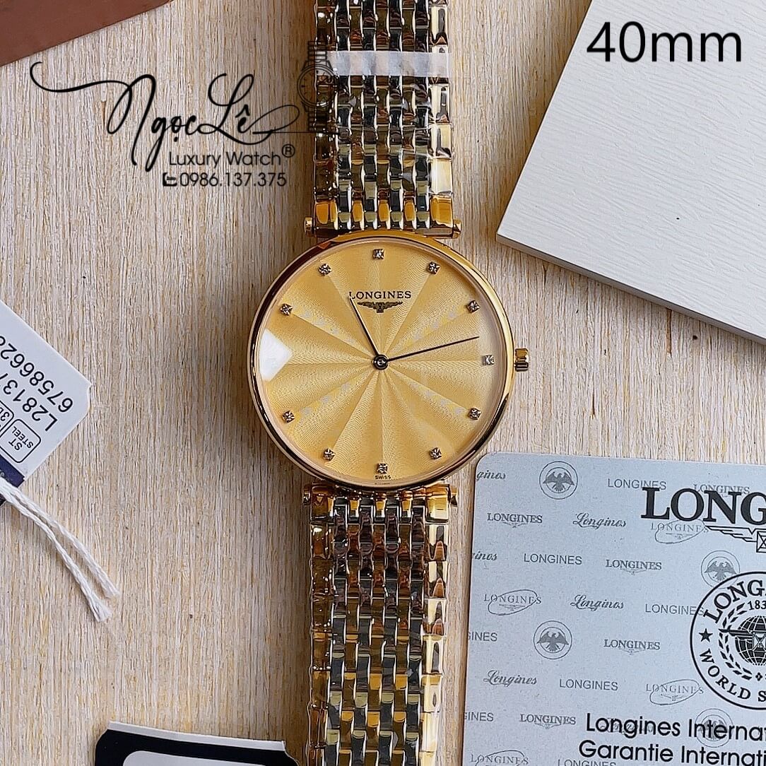Đồng Hồ Longines Nam Dây Kim Loại Vàng Mặt Vàng Tia Đính Hột Máy Pin Thụy Sĩ 40mm