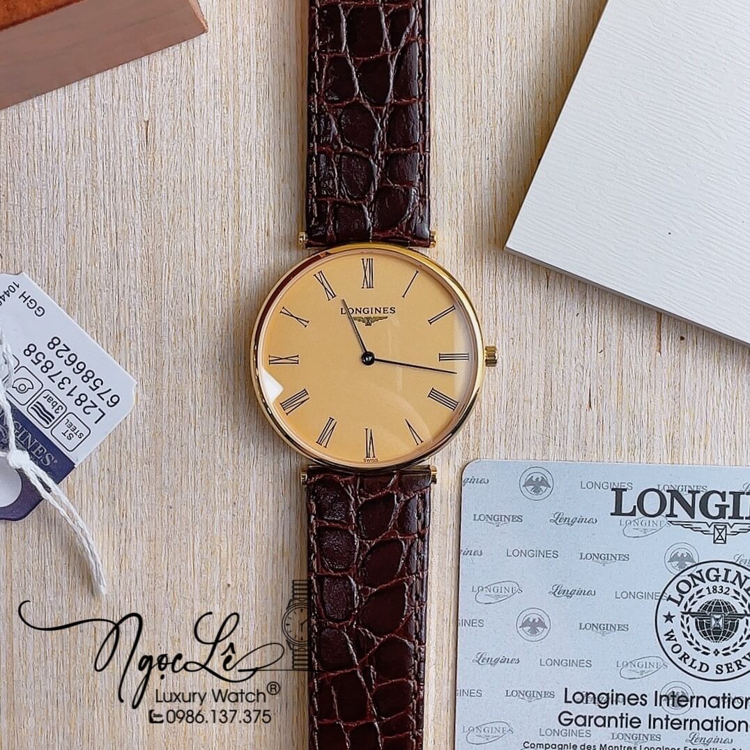 Đồng Hồ Longines Nam Quartz Dây Da Nâu Mặt Vàng Máy Thụy Sĩ Size 40mm