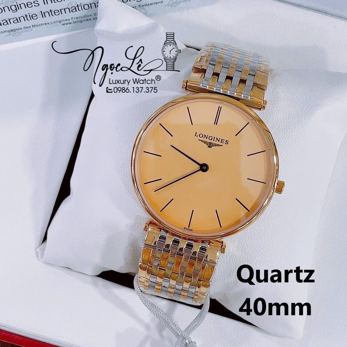 Đồng Hồ Nam Longines Quartz Máy Thụy Sĩ Size 40mm - Dây Kim Loại Demi Vàng Mặt Vàng