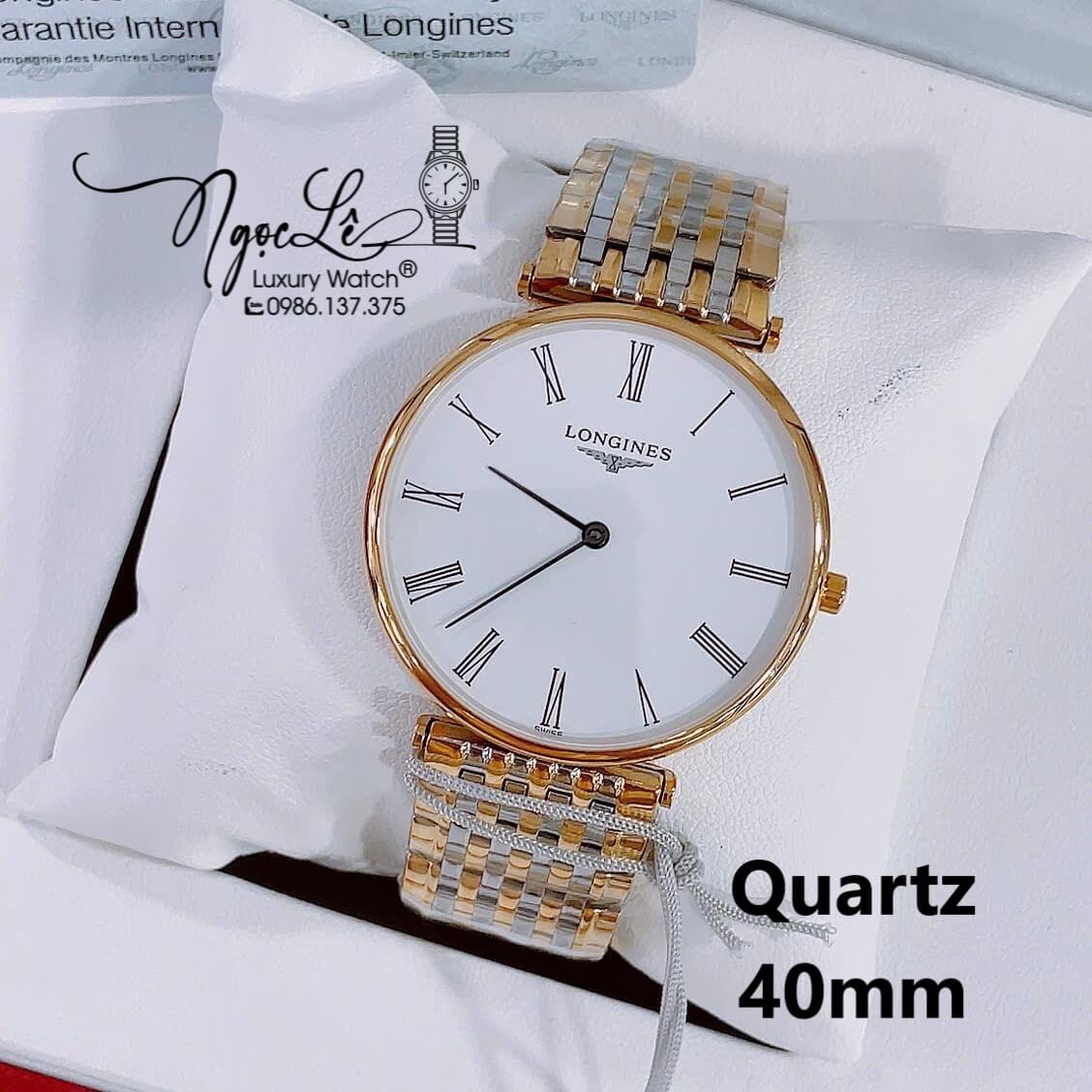 Đồng Hồ Nam Longines Quartz Máy Thụy Sĩ Size 40mm - Dây Kim Loại Demi Vàng Mặt Trắng Số La Mã