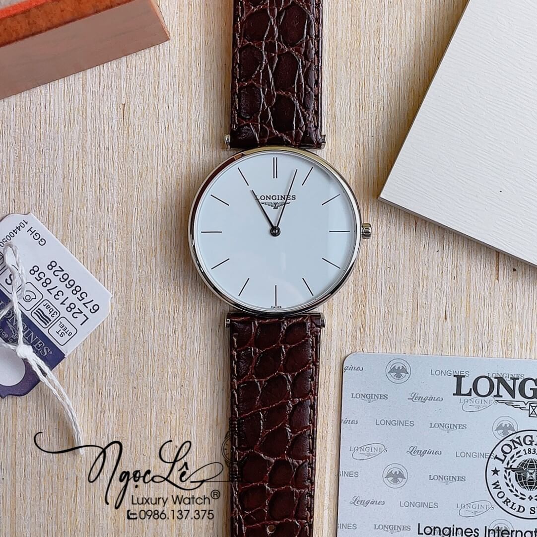 Đồng Hồ Longines Nam Quartz Dây Da Nâu Mặt Trắng Vỏ Bạc Máy Thụy Sĩ Size 40mm