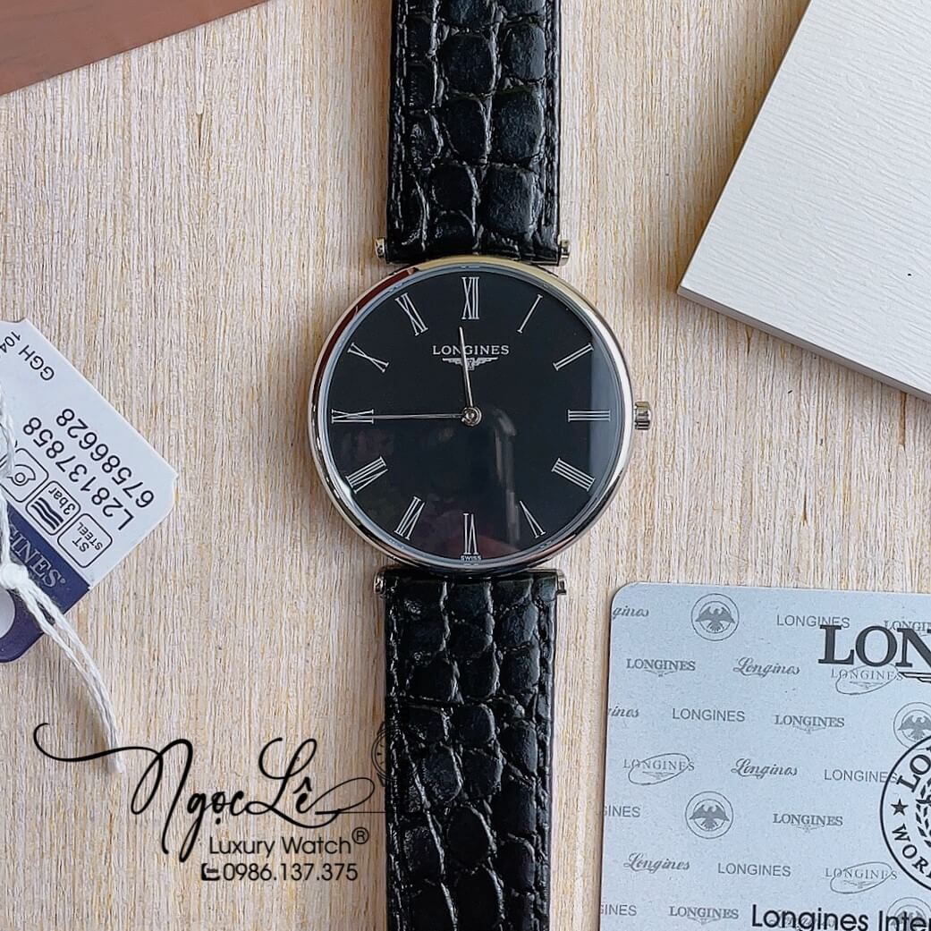 Đồng Hồ Longines Nam Quartz Dây Da Đen Mặt Đen Vỏ Bạc Máy Thụy Sĩ Size 40mm