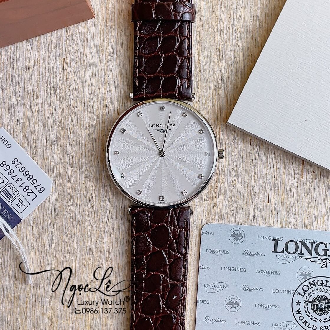 Đồng Hồ Longines Nam Quartz Dây Da Nâu Mặt Trắng Vỏ Bạc Máy Thụy Sĩ Size 40mm