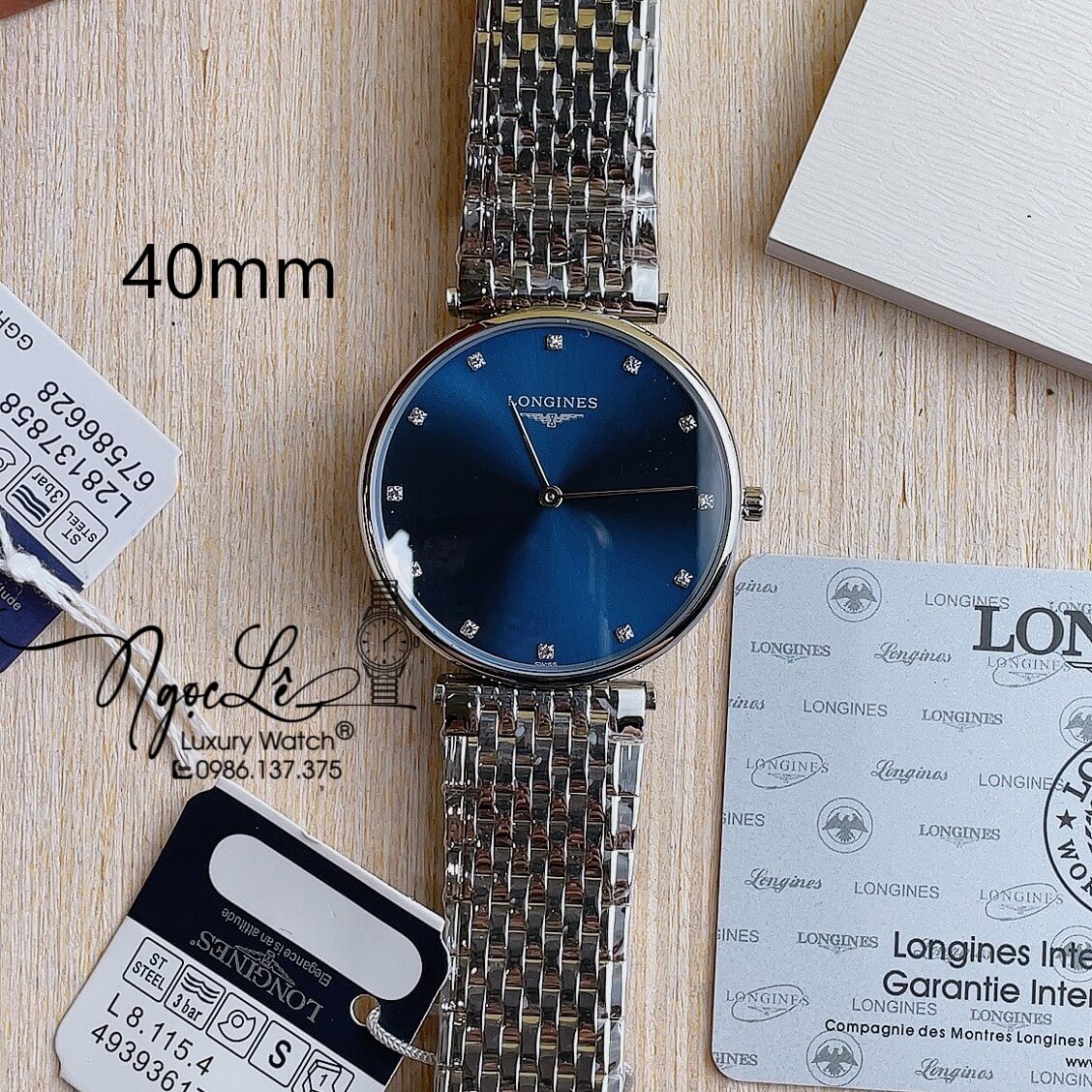 Đồng Hồ Longines Nam Dây Kim Loại Bạc Mặt Xanh Đính Hột Máy Pin Thụy Sĩ Size 40mm