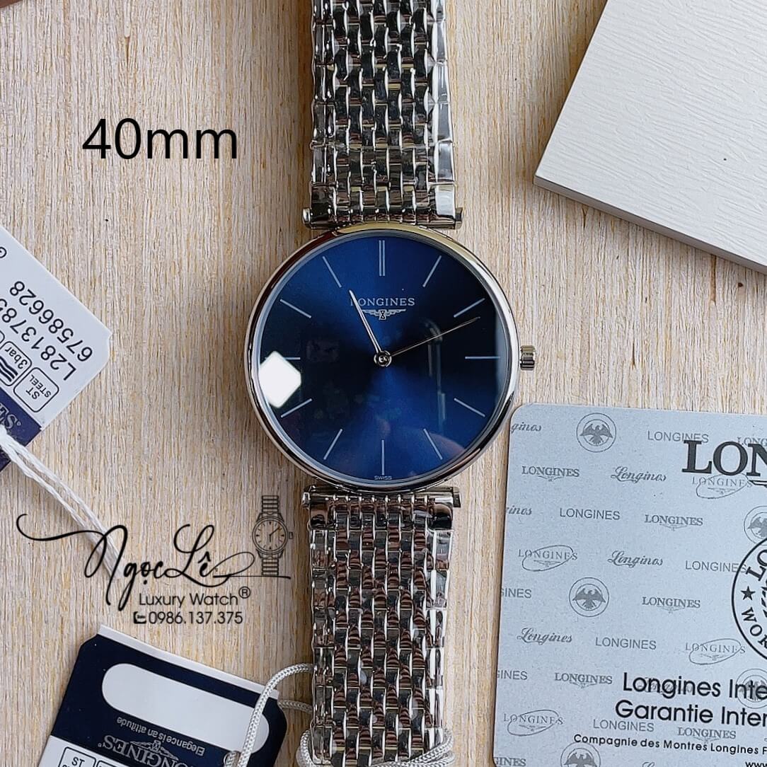 Đồng Hồ Longines Nam Dây Kim Loại Bạc Mặt Xanh Chia Vạch Máy Pin Thụy Sĩ 40mm
