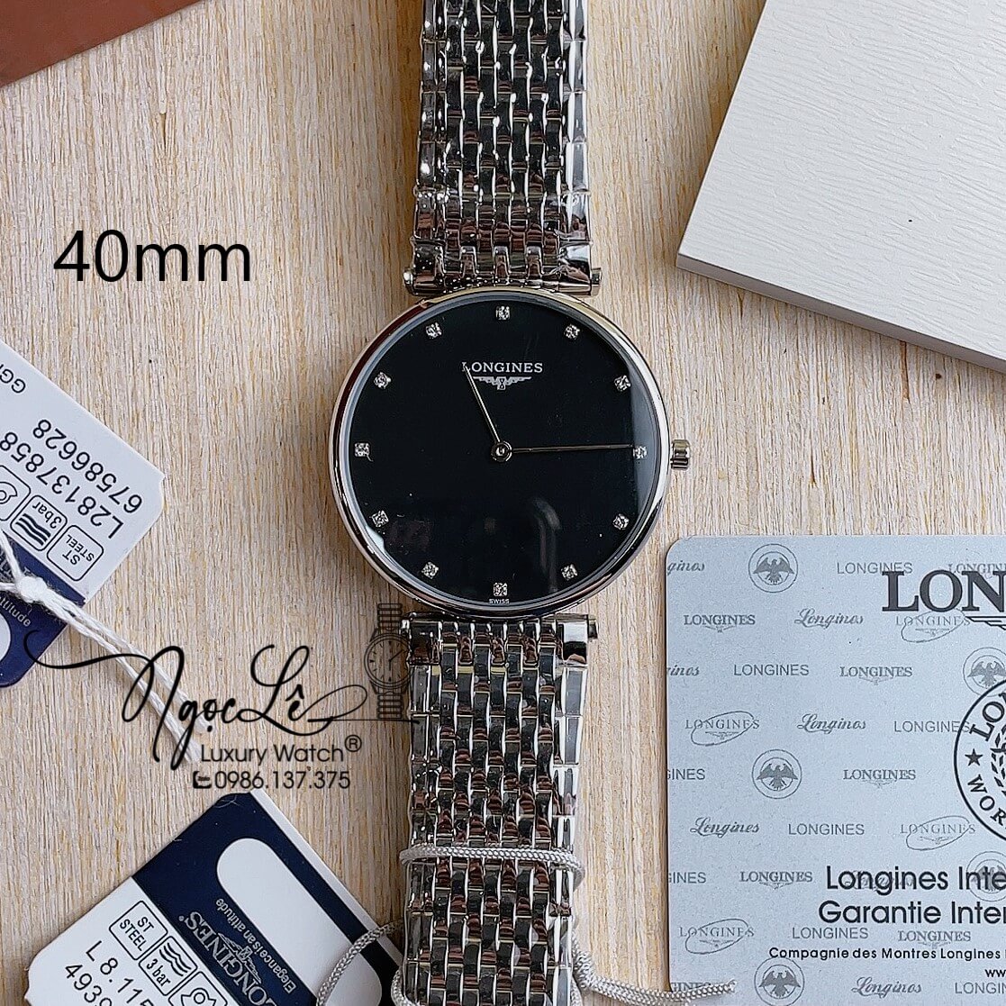 Đồng Hồ Longines Nam Dây Kim Loại Bạc Mặt Đen Đính Hột Máy Pin Thụy Sĩ 40mm