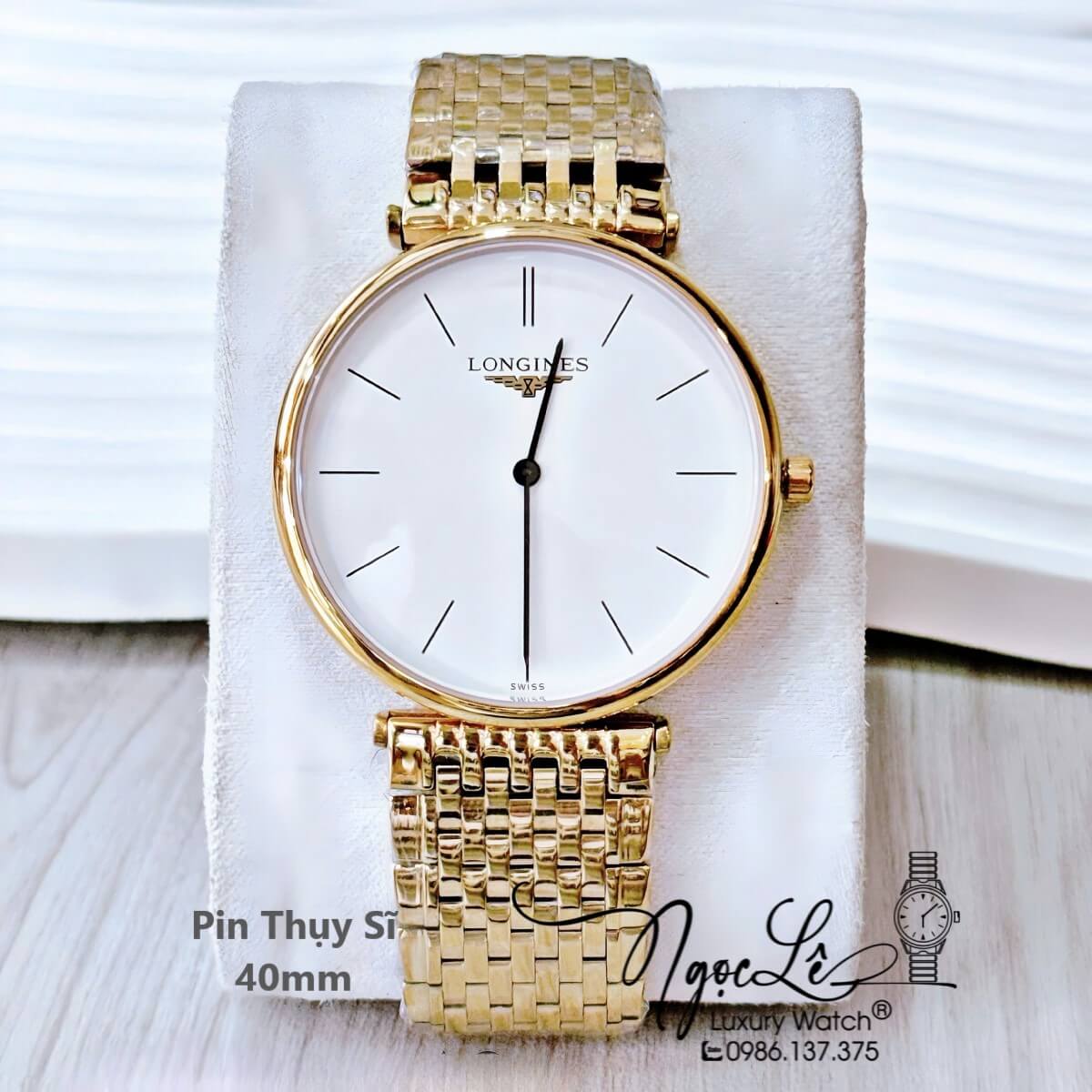 Đồng Hồ Longines Dây Vàng Mặt Trắng Chia Vạch Quartz Thụy Sĩ Kính Sapphire Cao Cấp Đủ Size Cho Nam Và Nữ