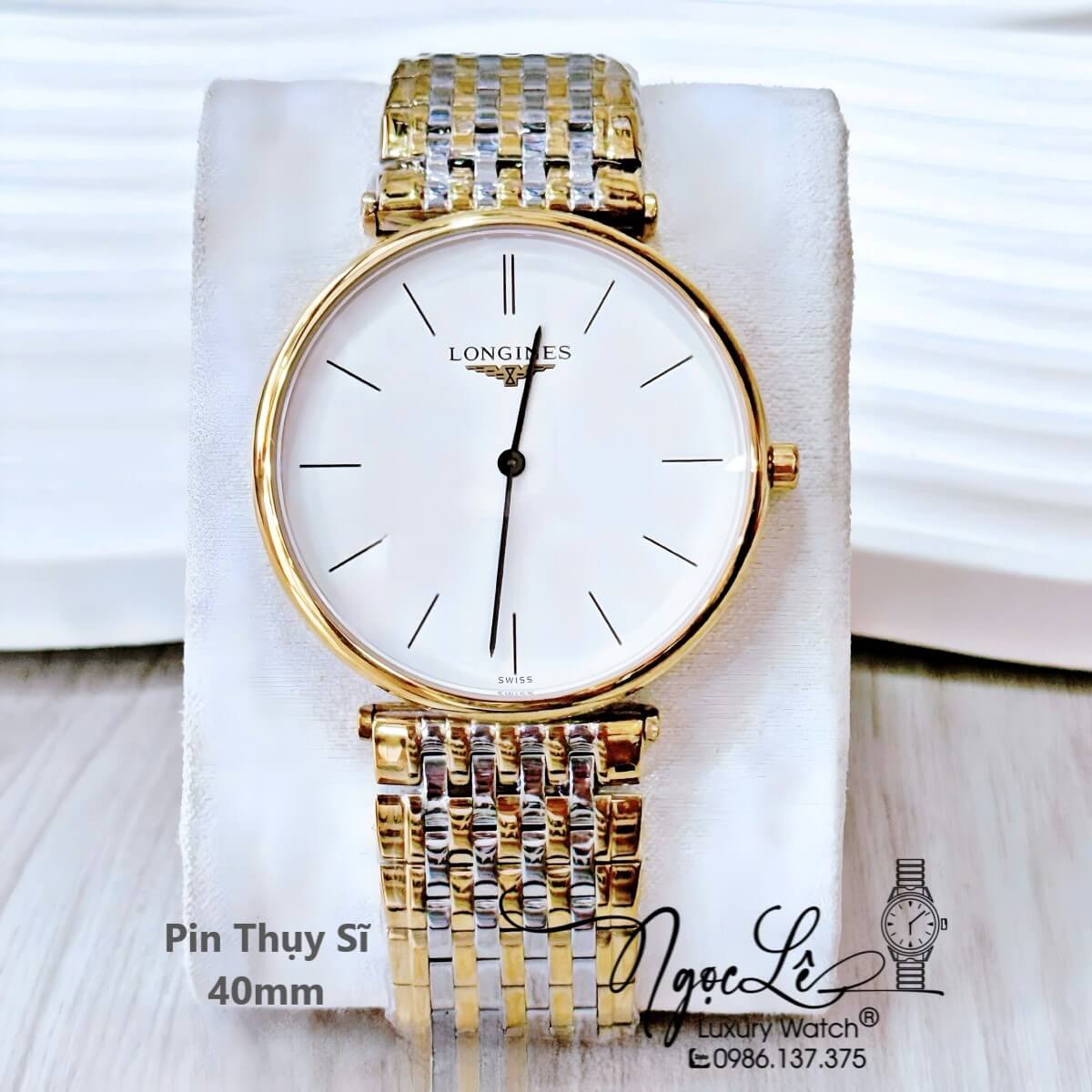 Đồng Hồ Longines Dây Demi Vàng Mặt Trắng Chia Vạch Quartz Thụy Sĩ Kính Sapphire Cao Cấp Đủ Size Cho Nam Và Nữ