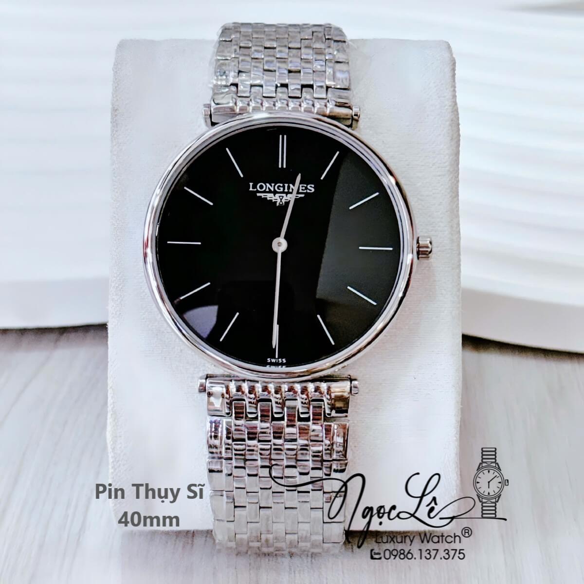 Đồng Hồ Nam Longines Quartz Thụy Sĩ Size 40mm Dây Bạc Mặt Đen - Đính 12 Vạch