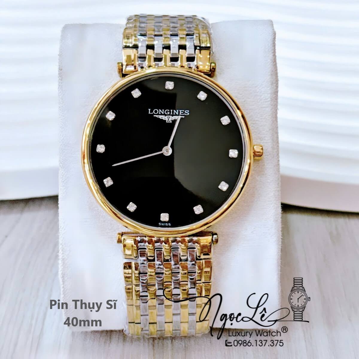 Đồng Hồ Nam Longines Quartz Thụy Sĩ Size 40mm Demi Vàng Mặt Đen - Mặt Số Đính 12 Viên Đá