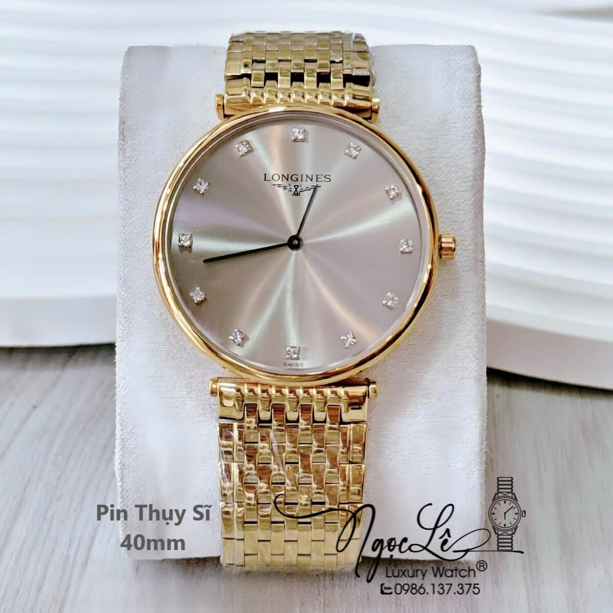 Đồng Hồ Nam Longines Quartz Thụy Sĩ Size 40mm Vàng Mặt Xám Grey - Mặt Số Đính 12 Viên Đá