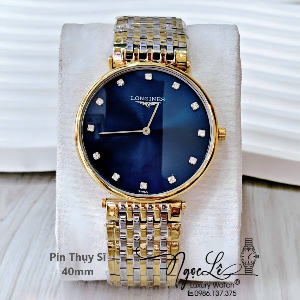 Đồng Hồ Nam Longines Quartz Thụy Sĩ Size 40mm Demi Vàng Mặt Xanh - Mặt Số Đính 12 Viên Đá