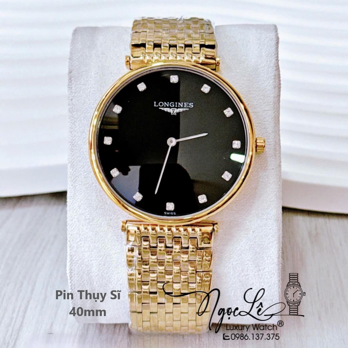 Đồng Hồ Nam Longines Quartz Thụy Sĩ Size 40mm Vàng Mặt Đen- Mặt Số Đính 12 Viên Đá