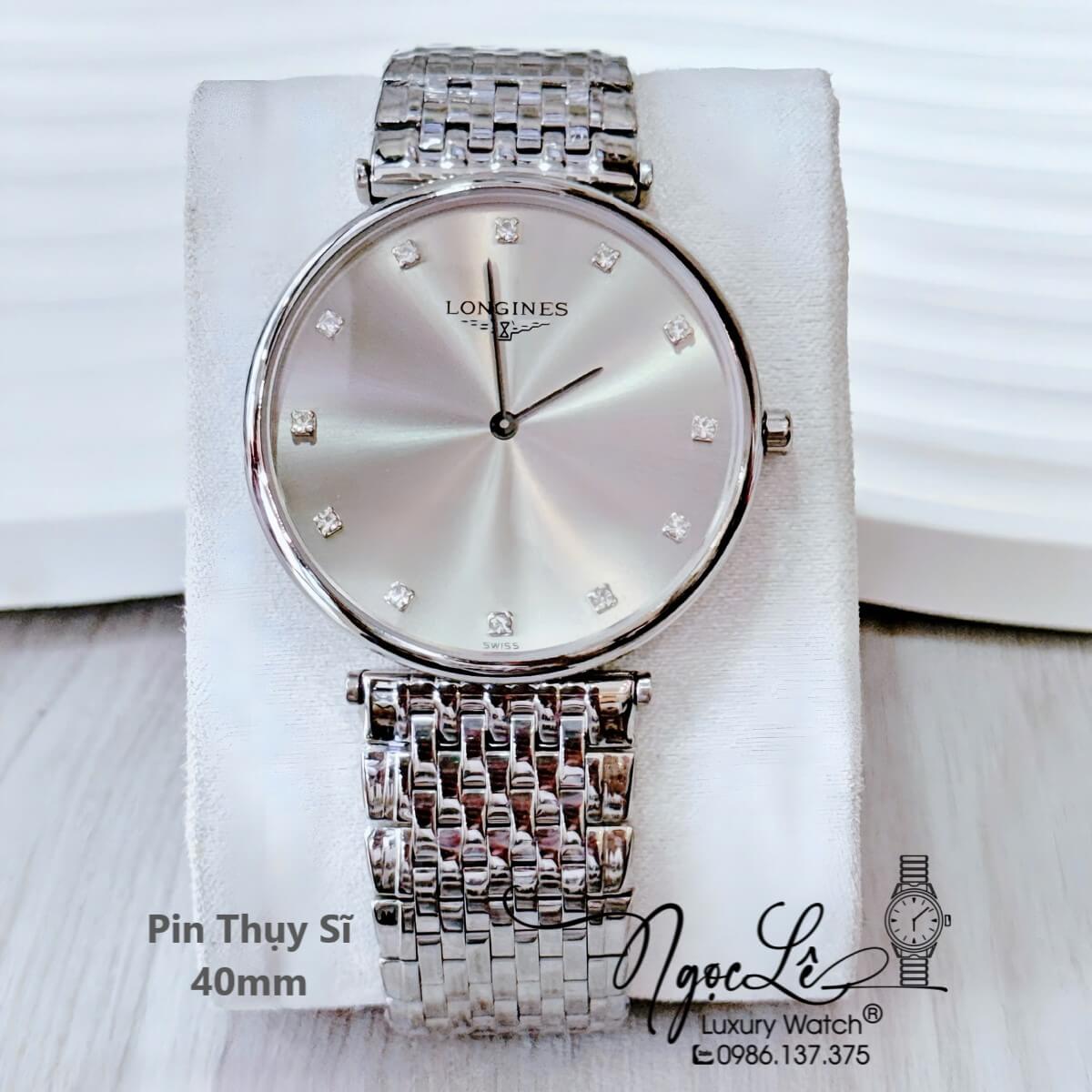 Đồng Hồ Nam Longines Quartz Thụy Sĩ Size 40mm Kim Loại Bạc Mặt Xám Grey - Mặt Số Đính 12 Viên Đá