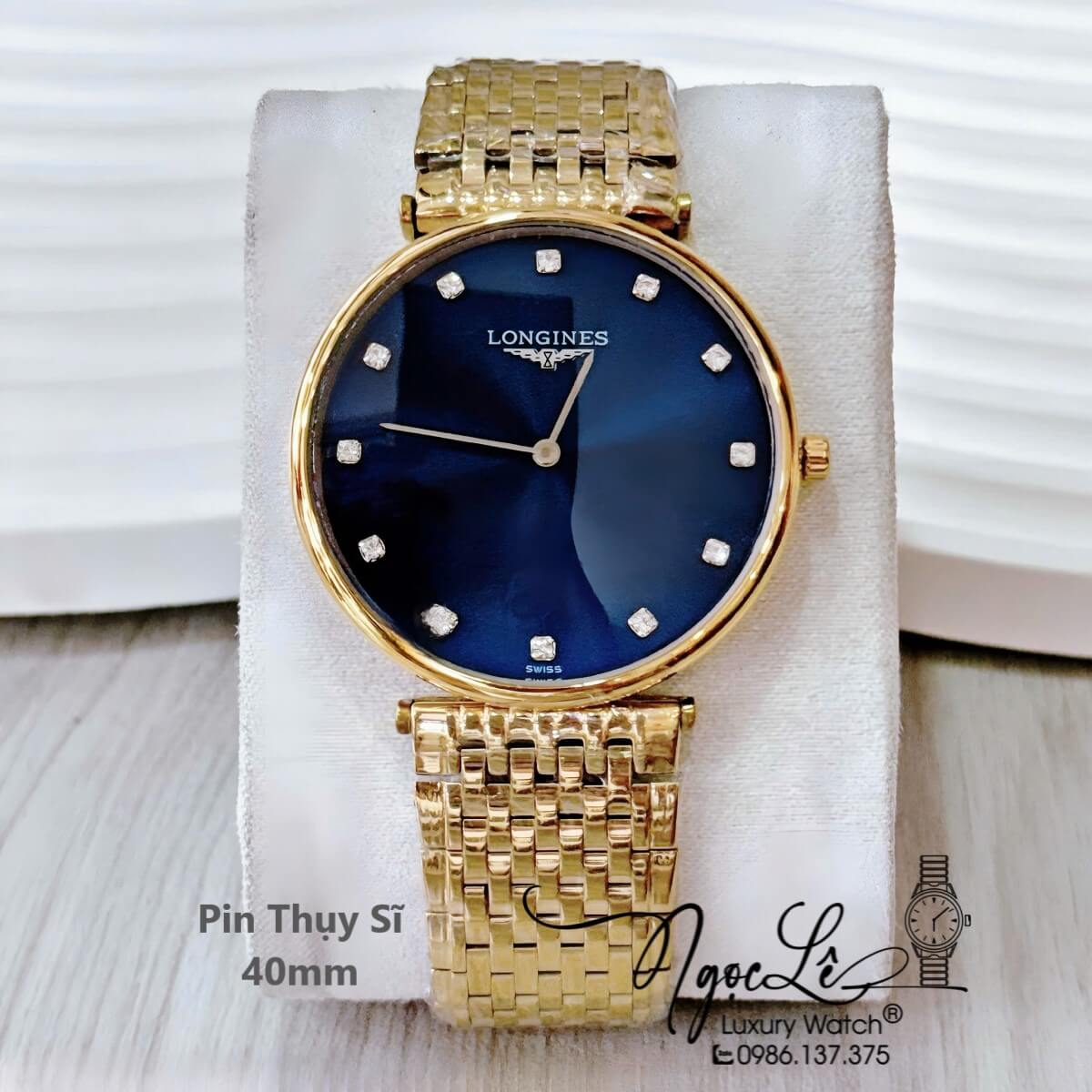 Đồng Hồ Nam Longines Quartz Thụy Sĩ Size 40mm Vàng Mặt Xanh Dương - Mặt Số Đính 12 Viên Đá