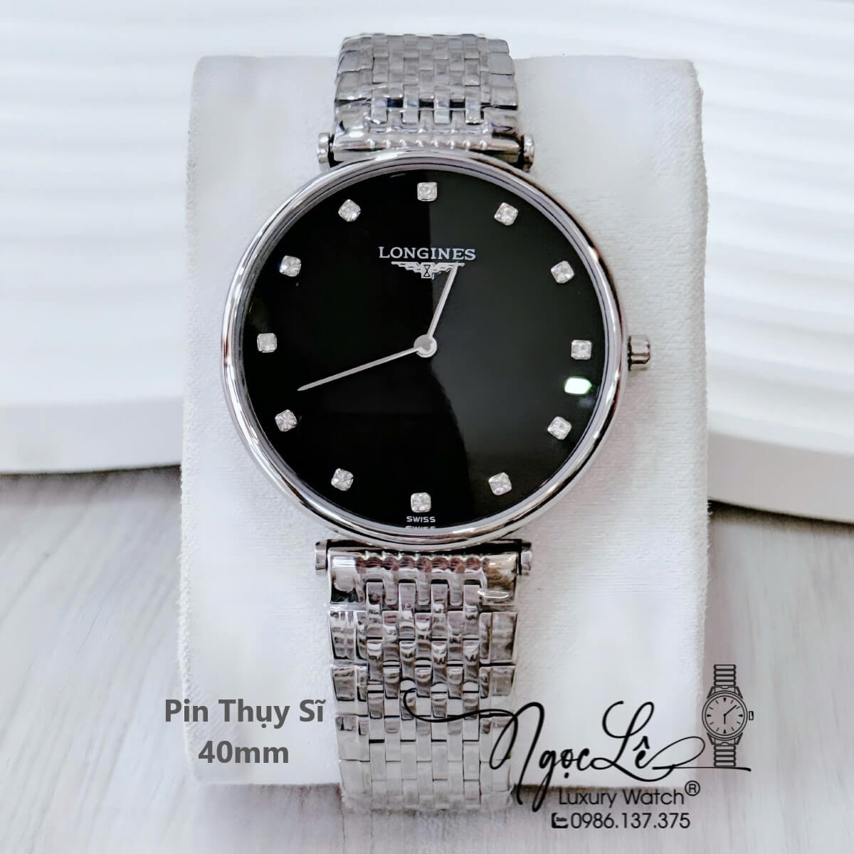 Đồng Hồ Nam Longines Quartz Thụy Sĩ Size 40mm Kim Loại Bạc Mặt Đen - Mặt Số Đính 12 Viên Đá