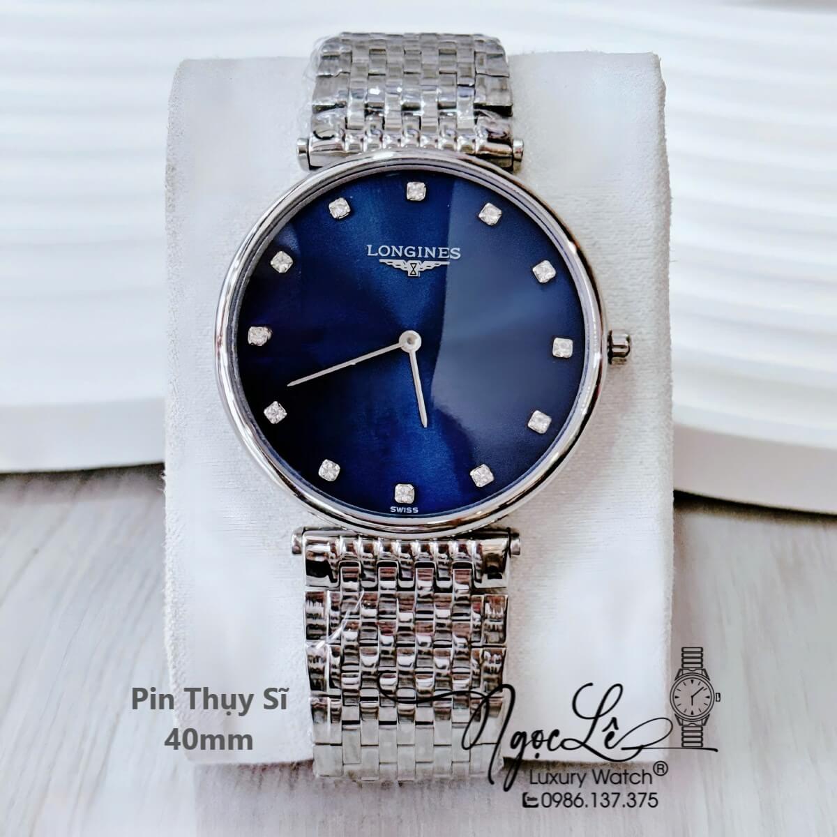 Đồng Hồ Nam Longines Quartz Thụy Sĩ Size 40mm Kim Loại Bạc Mặt Xanh - Mặt Số Đính 12 Viên Đá