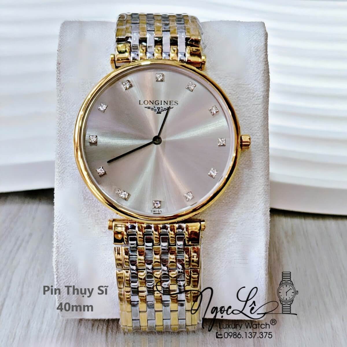 Đồng Hồ Nam Longines Quartz Thụy Sĩ Size 40mm Demi Vàng Mặt Xám Grey - Mặt Số Đính 12 Viên Đá