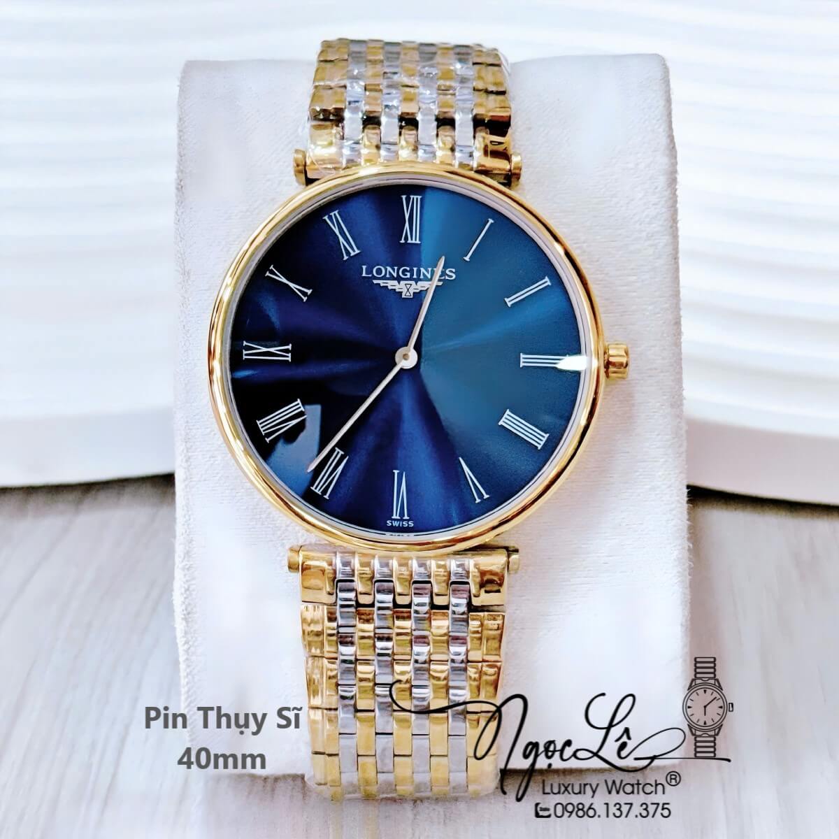 Đồng Hồ Nam Longines Quartz Thụy Sĩ Size 40mm Demi Vàng Mặt Xanh Dương Số La Mã