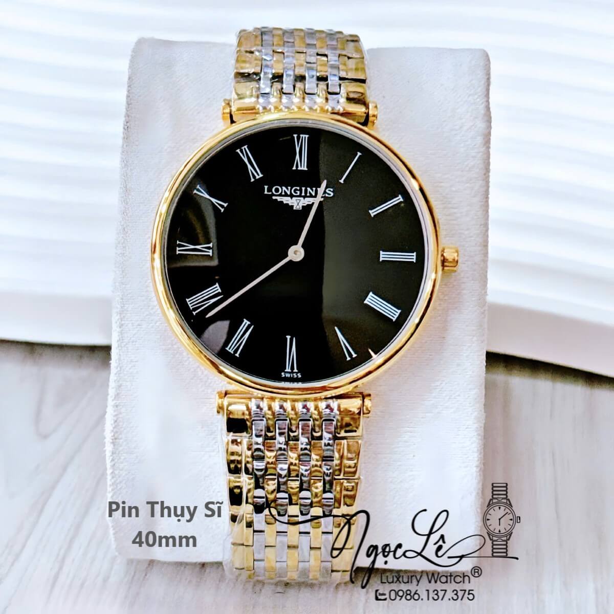 Đồng Hồ Nam Longines Quartz Thụy Sĩ Size 40mm Demi Vàng Mặt Đen Số La Mã