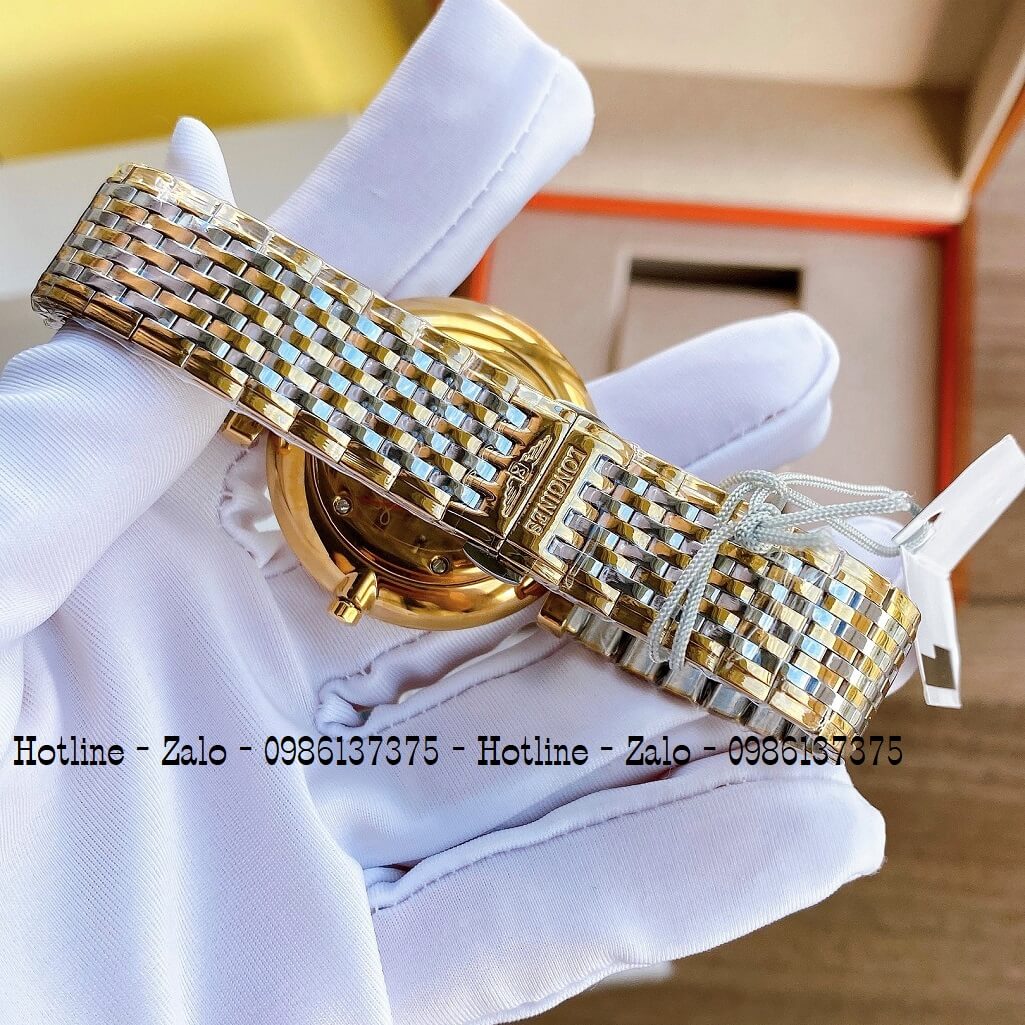 Đồng Hồ Longines Dây Demi Vàng Mặt Trắng Chia Vạch Quartz Thụy Sĩ Kính Sapphire Cao Cấp Đủ Size Cho Nam Và Nữ