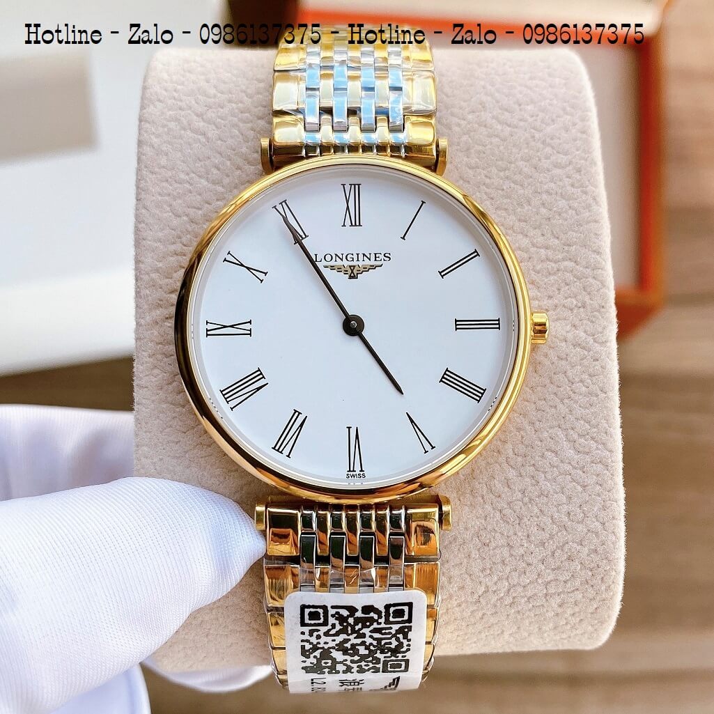 Đồng Hồ Nam Longines Dây Demi Vàng Mặt Trắng Số La Mã Quartz Thụy Sĩ Size 38mm - Kính Sapphire