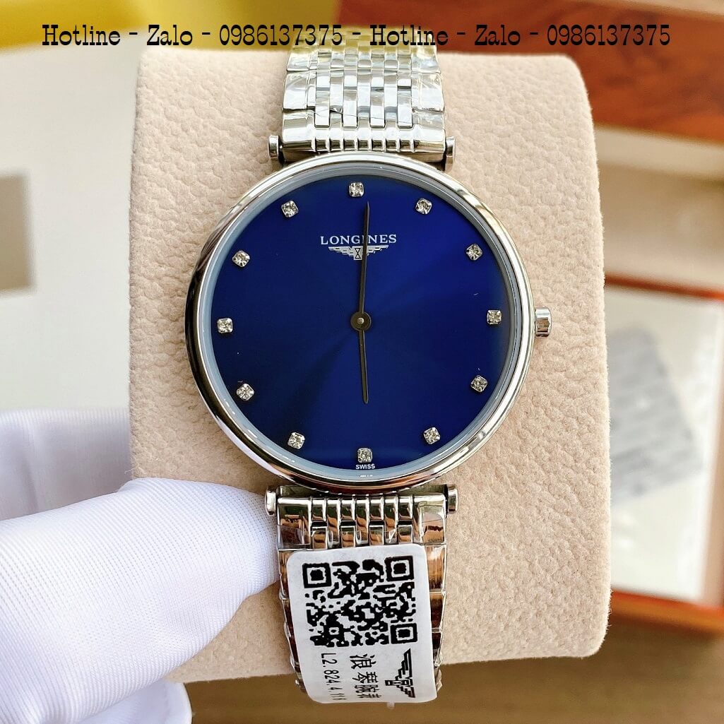 Đồng Hồ Nam Longines Dây Bạc Mặt Xanh Đính 12 Viên Đá Quartz Thụy Sĩ Size 38mm - Kính Sapphire
