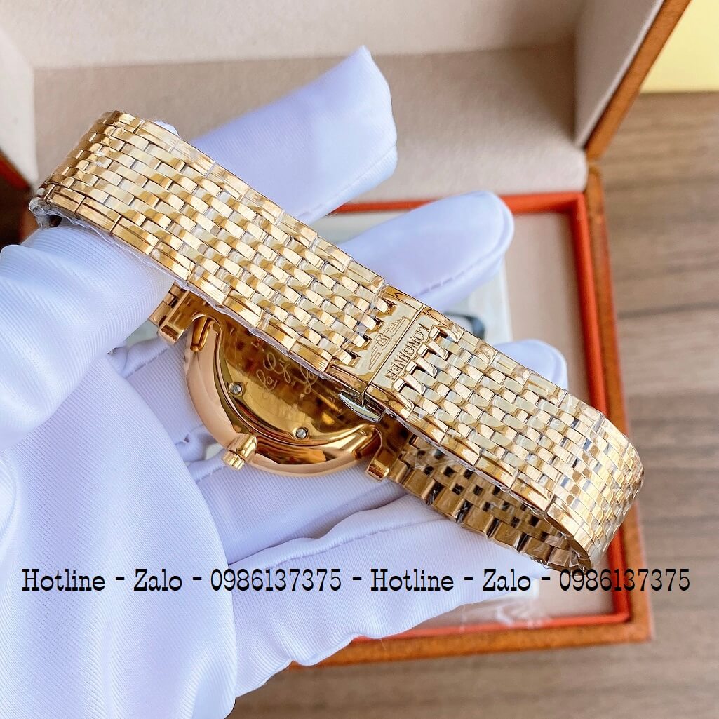 Đồng Hồ Longines Dây Vàng Mặt Trắng Chia Vạch Quartz Thụy Sĩ Kính Sapphire Cao Cấp Đủ Size Cho Nam Và Nữ