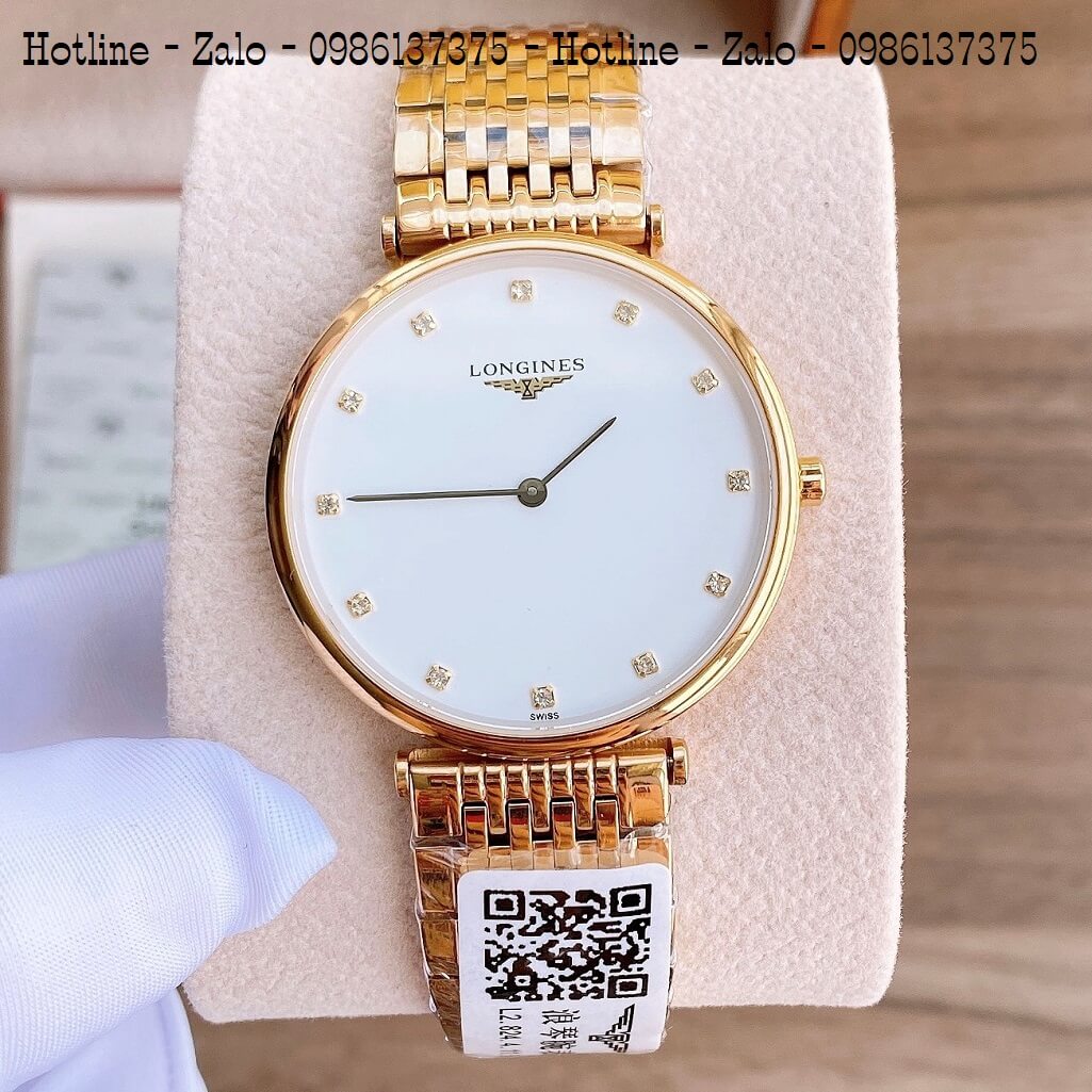 Đồng Hồ Nam Longines Dây Vàng Mặt Trắng Đính 12 Viên Đá Quartz Thụy Sĩ Size 38mm - Kính Sapphire