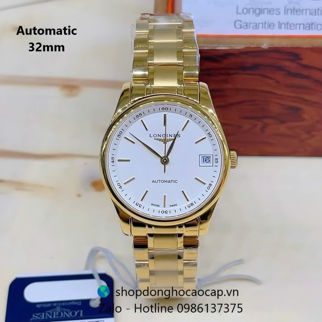 Đồng hồ Longines nữ máy Cơ Nhật, Longines nữ dây vàng mặt trắng chia vạch size 32mm