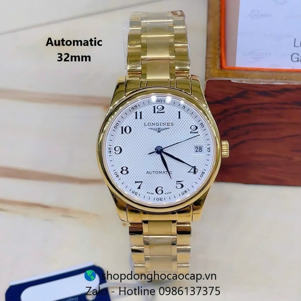 Đồng hồ Longines nữ máy Cơ Nhật, Longines nữ dây vàng mặt trắng số học trò size 32mm