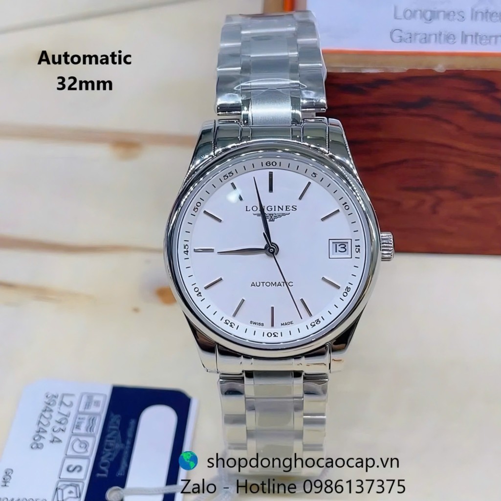 Đồng hồ Longines nữ máy Cơ Nhật, Longines dây thép bạc mặt trắng chia vạch size 32mm