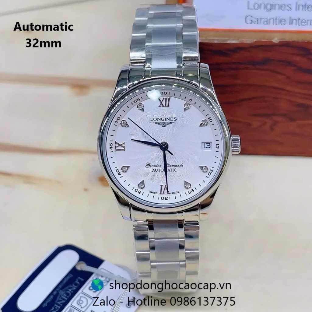 Đồng hồ Longines nữ máy Cơ Nhật, Longines nữ dây thép bạc mặt trắng đính đá giọt nước size 32mm