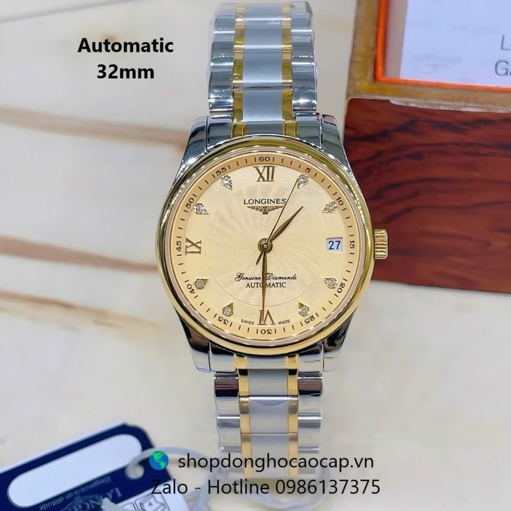 Đồng hồ Longines nữ máy Cơ Nhật, Longines nữ demi vàng mặt vàng đính đá giọt nước size 32mm