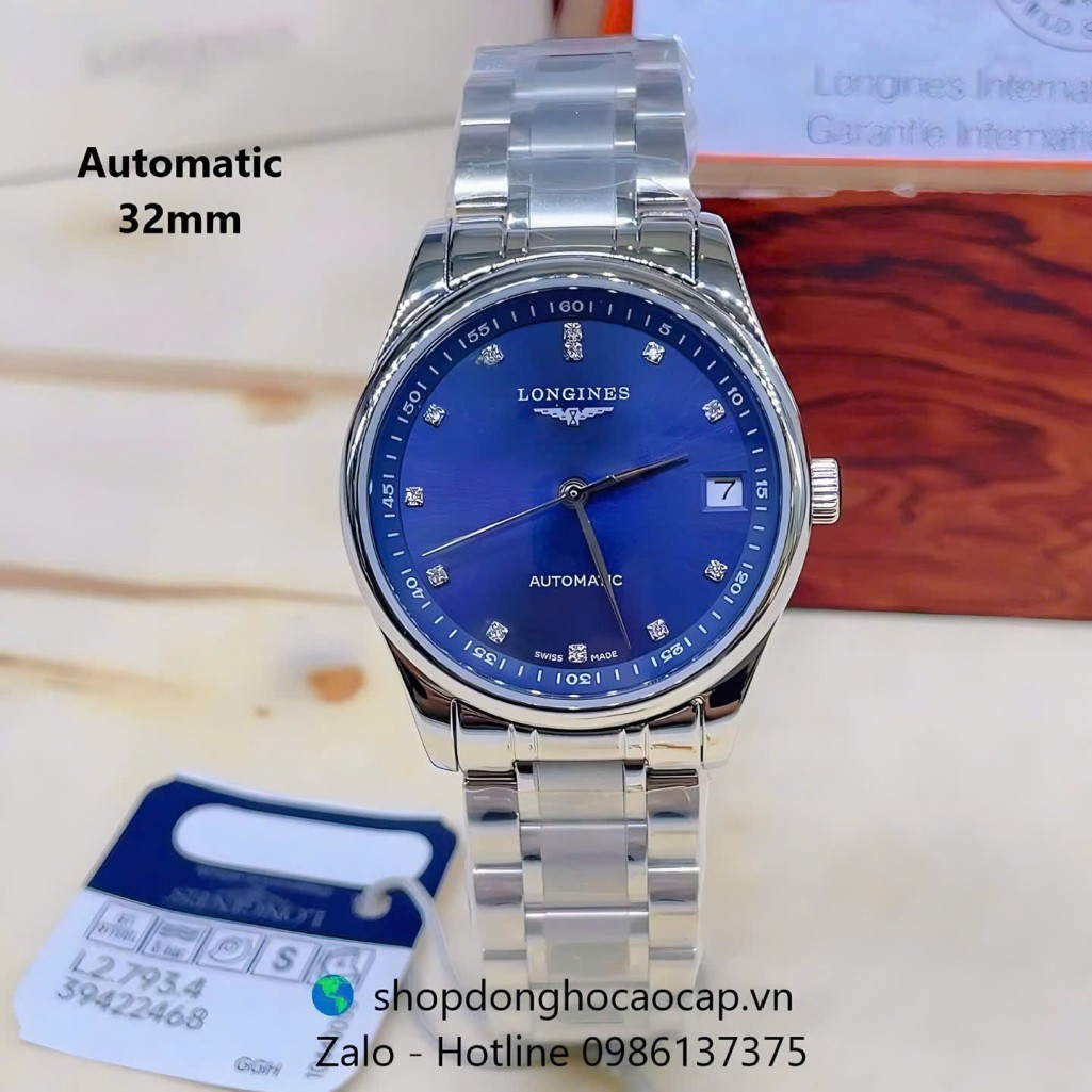 Đồng hồ Longines nữ máy Cơ Nhật, Longines nữ dây bạc mặt xanh đính hột size 32mm - Longines siêu cấp