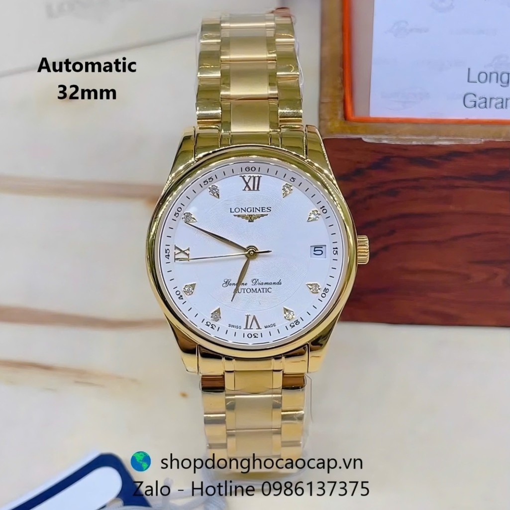 Đồng hồ Longines nữ máy Cơ Nhật, Longines nữ dây vàng mặt trắng đính đá giọt nước size 32mm