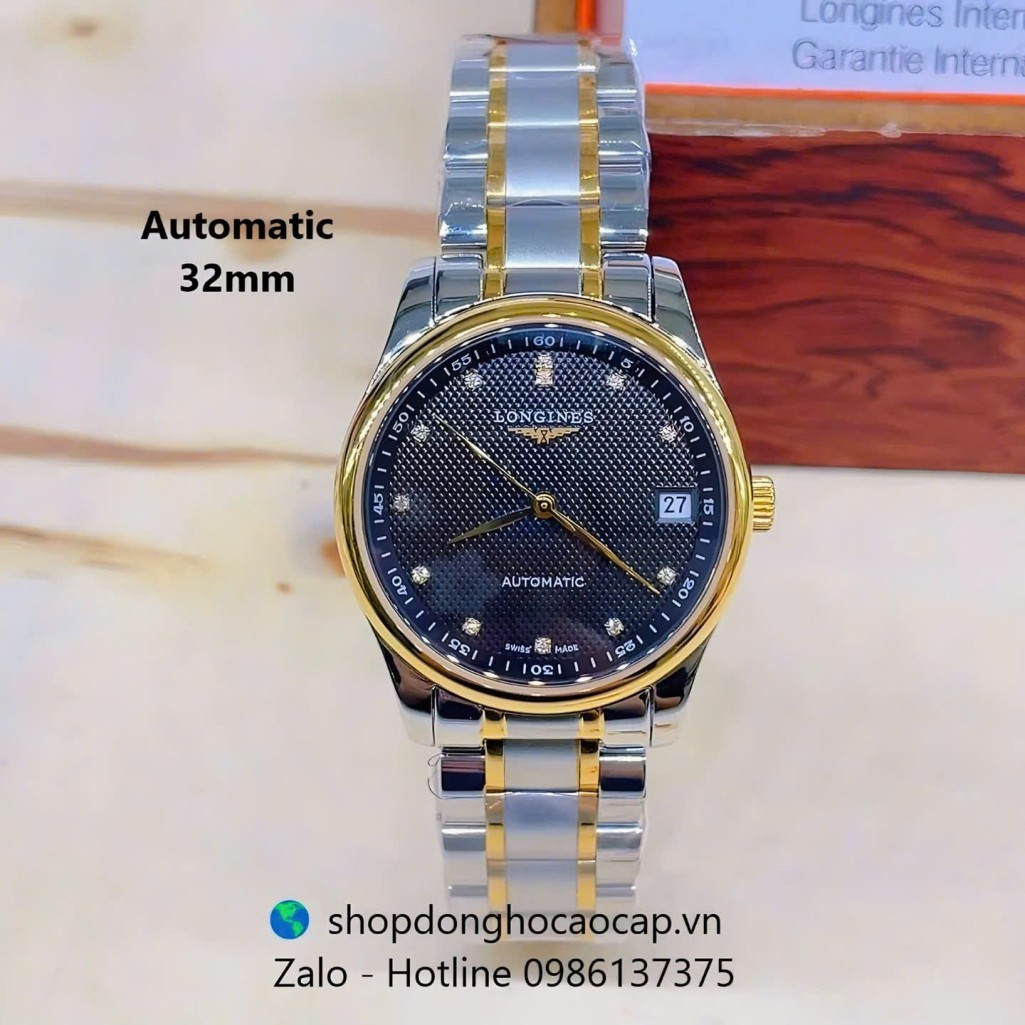 Đồng hồ Longines nữ máy Cơ Nhật, Longines nữ dây demi vàng mặt đen size 32mm - Longines siêu cấp