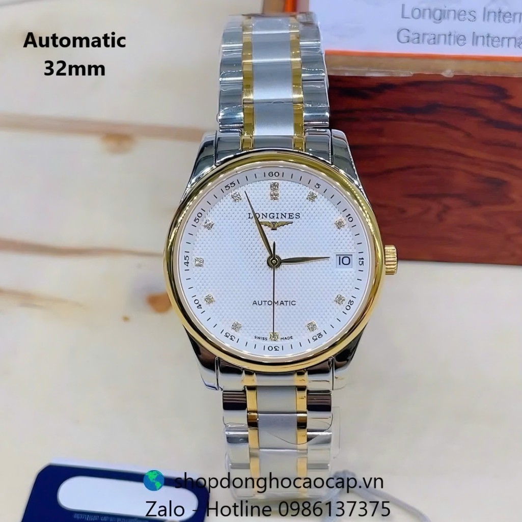 Đồng hồ Longines nữ máy Cơ Nhật, Longines nữ demi vàng mặt trắng vân 3D size 32mm