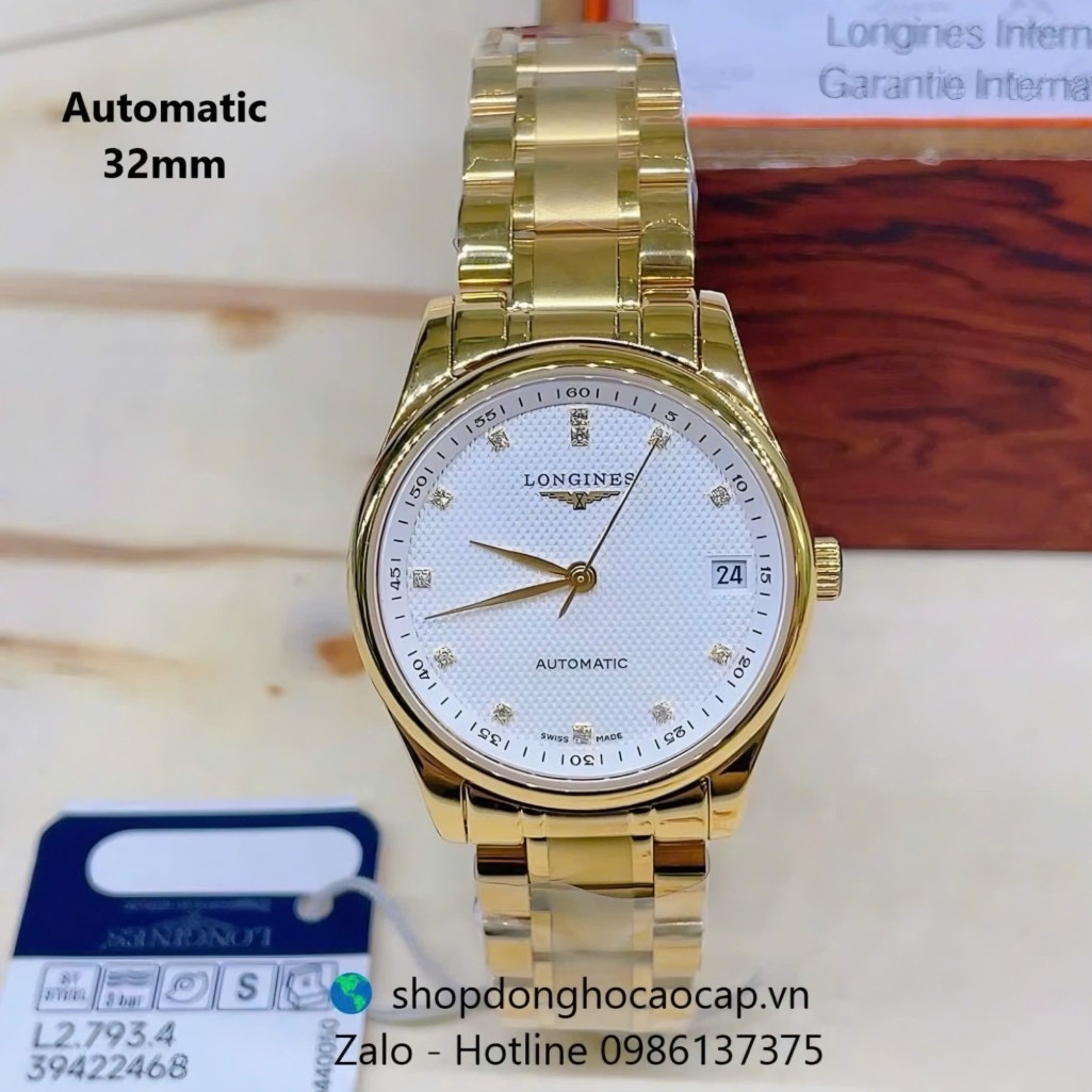 Đồng hồ Longines nữ máy Cơ Nhật, Longines nữ dây vàng mặt trắng vân 3D size 32mm