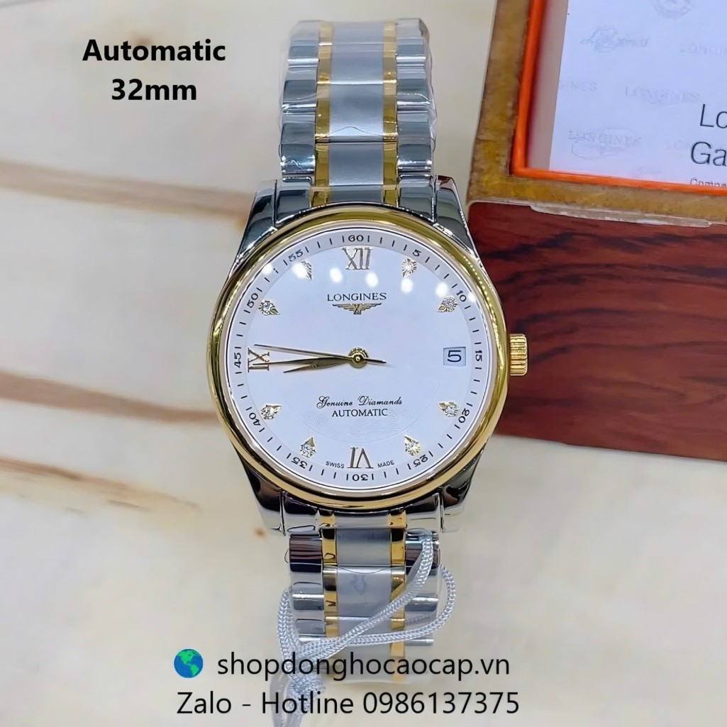 Đồng hồ Longines nữ máy Cơ Nhật, Longines nữ demi vàng mặt trắng đính đá giọt nước size 32mm