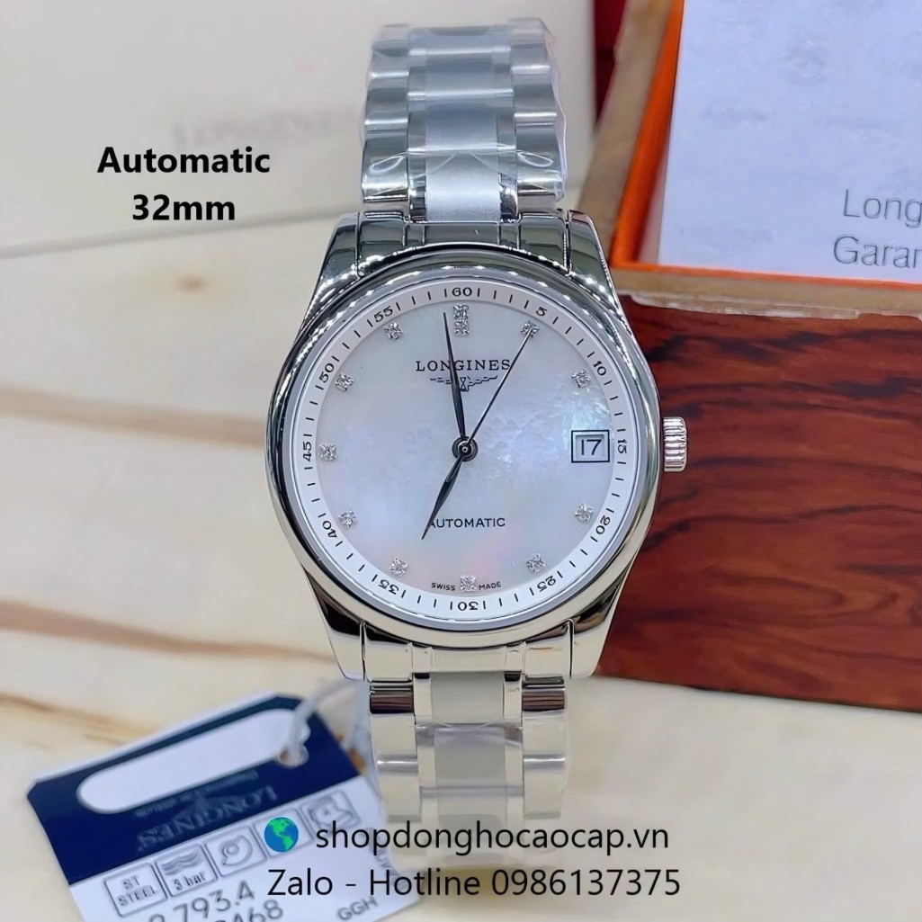 Đồng hồ Longines nữ máy Cơ Nhật, Longines dây thép bạc mặt xà cừ trắng size 32mm