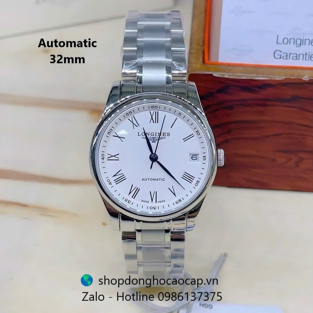 Đồng hồ Longines nữ máy Cơ Nhật, Longines nữ dây thép bạc mặt trắng số la mã size 32mm