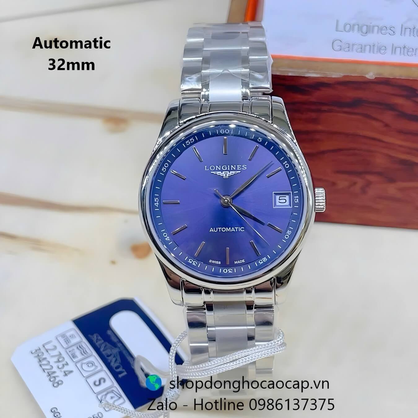 Đồng hồ Longines nữ máy Cơ Nhật, Longines nữ dây bạc mặt xanh máy cơ Miyota size 32mm - Longines siêu cấp