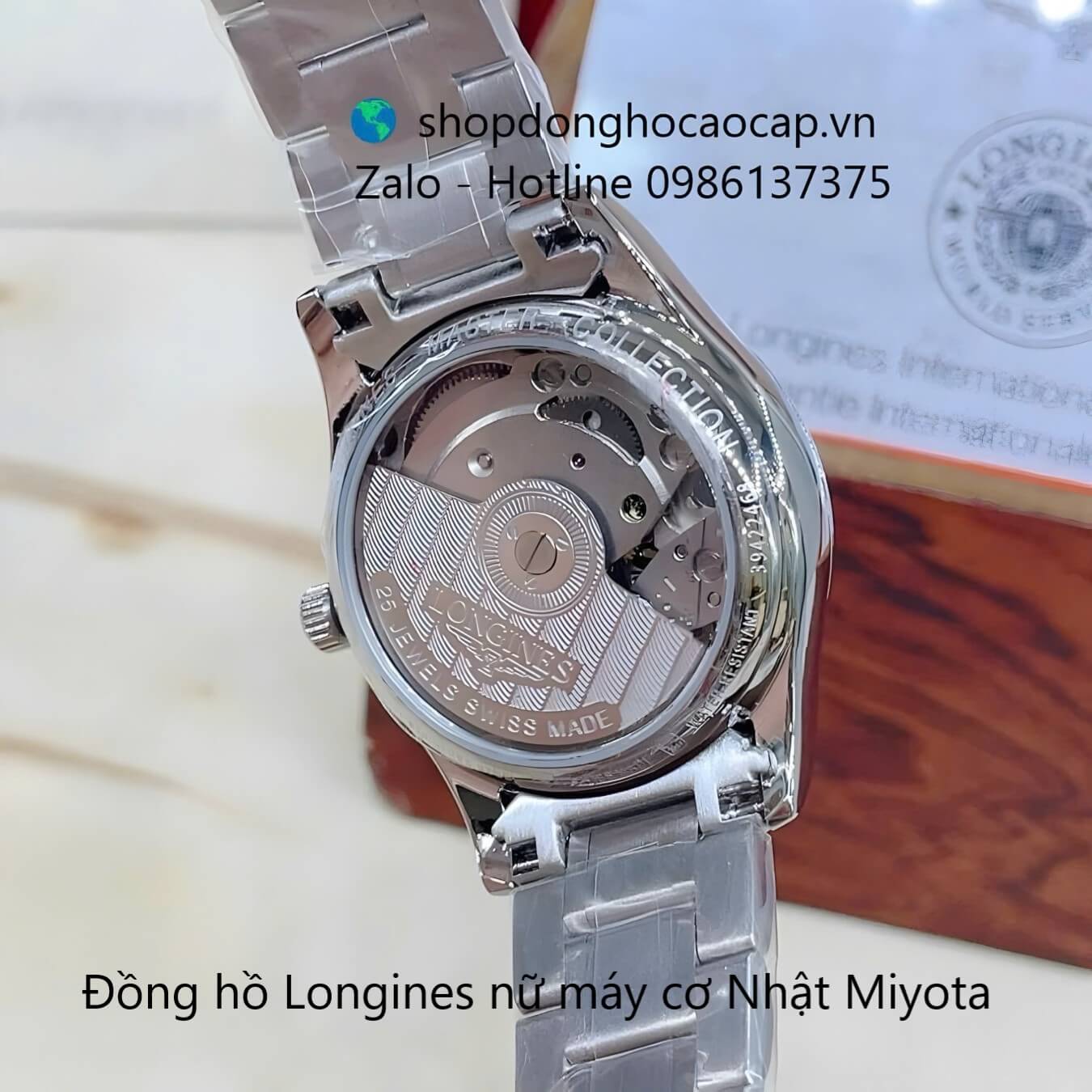 Đồng hồ Longines nữ máy Cơ Nhật, Longines nữ dây bạc mặt xanh máy cơ Miyota size 32mm - Longines siêu cấp