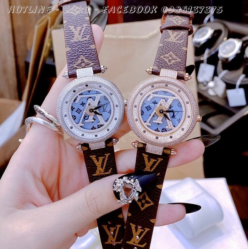 Đồng Hồ Louis Vuitton Siêu Cấp Nữ Dây Da Mặt Xoay 37mm Rose Gold