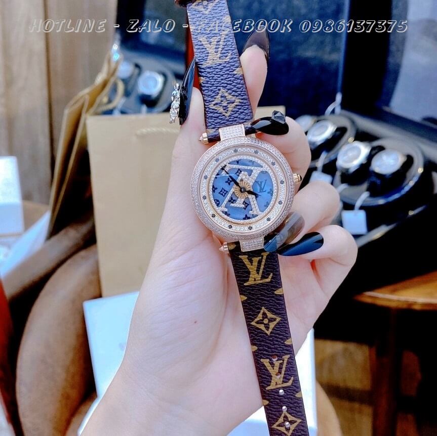 Đồng Hồ Louis Vuitton Siêu Cấp Nữ Dây Da Mặt Xoay 37mm Rose Gold