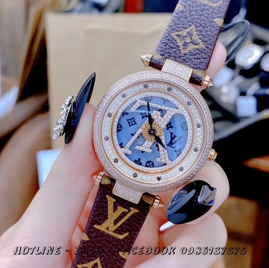 Đồng Hồ Louis Vuitton Siêu Cấp Nữ Dây Da Mặt Xoay 37mm Rose Gold